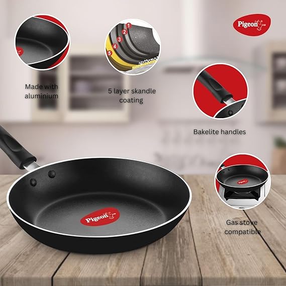Pigeon Mio Nonstick Aluminum Cookware Gift Set, Includes Flat Tawa, Fry Pan, Kadai with Glass Lid, Kitchen Tool Set, Black, 8 Pieces (RD)