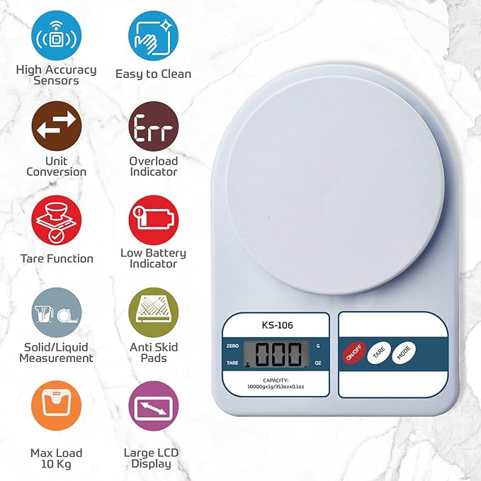 beatXP Kitchen Scale Multipurpose Portable Electronic Digital Weighing Scale | Weight Machine With Back Light LCD Display | White | 10 Kg | 2 Year Warranty