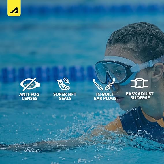 Boldfit Swimming Goggles for Kids, Boys With Adjustable Strap, UV Protection, Antifog Goggles for Swimming Girls Air Tight with Free Ear & Nose Plug - Blue Black (ASL)