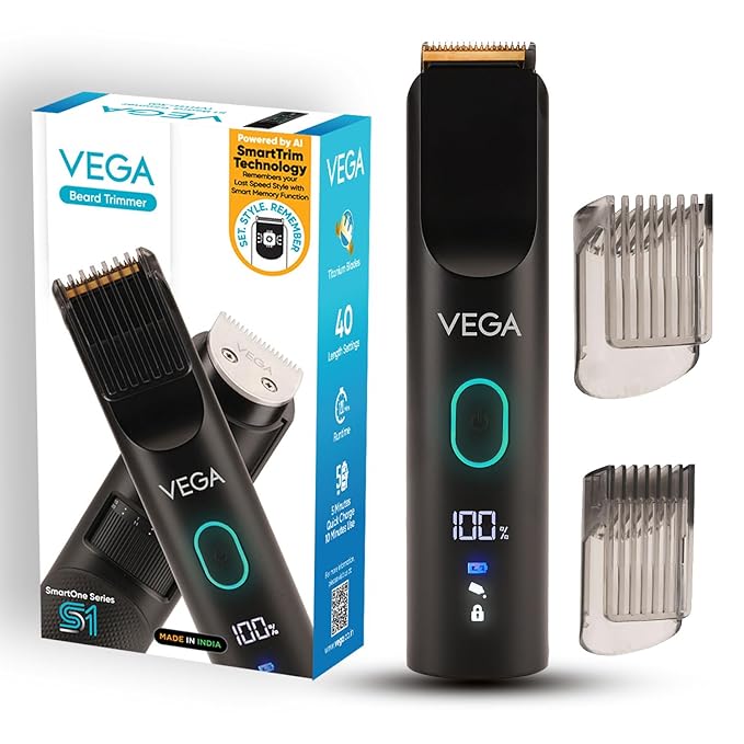 Vega SmartOne S1 Beard Trimmer for Men with AI SmartTrim Technology Titanium Blade, Digital Display, 120 mins Runtime, USB Type C, IPX7 Waterproof & 40 Length Settings, 3 Unique Speed Mode (VHTH-30)