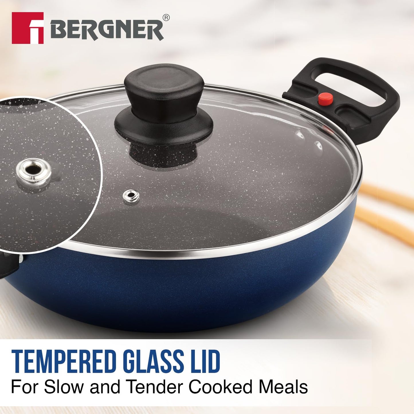 Bergner Sherry Plus 5-Layer Non-Stick Coating 6 Pcs Cookware Set with Induction Bottom and Detachable Handle, 24cm/2.5L Kadai with Lid, 24cm/1.6L Frypan, 25cm Dosa Tawa, 2 Nylon Spatulas(RD)