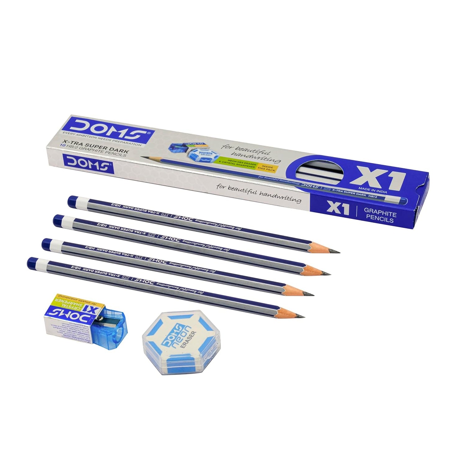 DOMS X1 Xtra Super Dark Pencils Box Pack|Hexagonal Shape For Easy Holding&Comfort|Free Eraser|Scale&Pencil Cap Inside|Dark&Neat Handwriting|Pack Of 10 Pencils