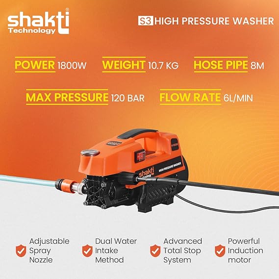 Shakti Technology S3 High Pressure Car Washer Machine 1800 Watts and Pressure 120 Bar for Cleaning Car, Bike & Home (S3) (RD)