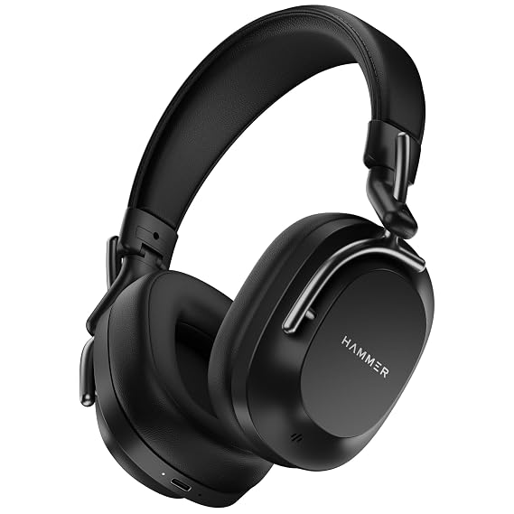 HAMMER Bash Pro 33 dB Hybrid ANC Over Ear Wireless Headphones, 4 Mics for Clear Calling, Charge 10mins = 300mins playtime, 40mm Driver, Transparency Mode, 37Hrs Playtime, Super soft Cushion, 5.3 Black (SD)