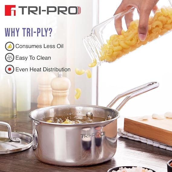 TriPro TriPly Stainless Steel 4 Pcs Cookware Set - Kadai 22cm (2L) with Glass Lid, Frypan 22cm (1.2L), Saucepan 14cm (1L), Consumes Less Oil, Healthy Cooking - Induction and Gas Stove Ready