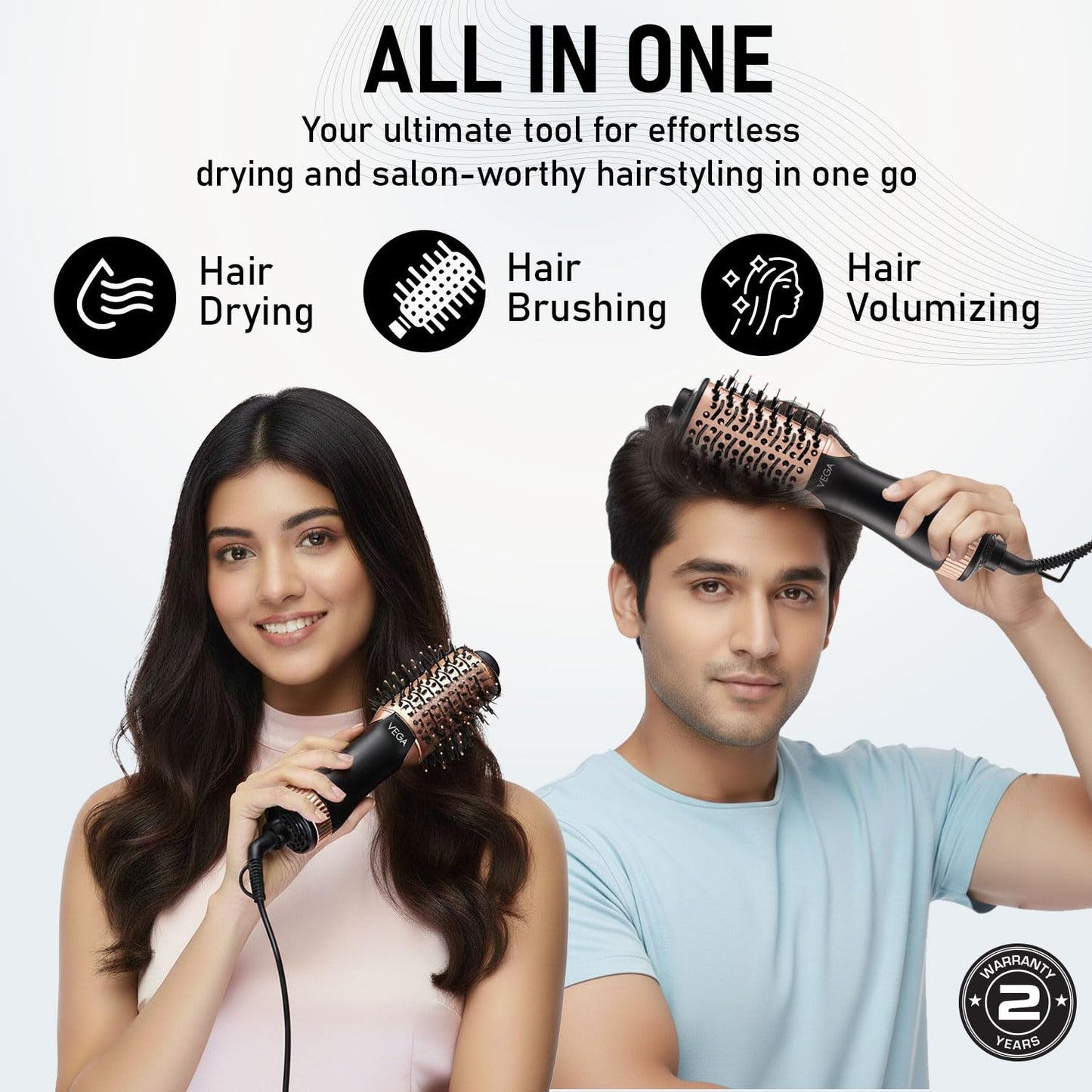 VEGA Litstyle L3 Volumizer Hair Blow Dryer Brush With 3 Heat/2 Speed Settings, 360° Airflow Vent, 3 in 1 Compact Hot Air Brush For Women, Tourmaline Ceramic Coated Barrel, 500 Watts, (VHSD-03)