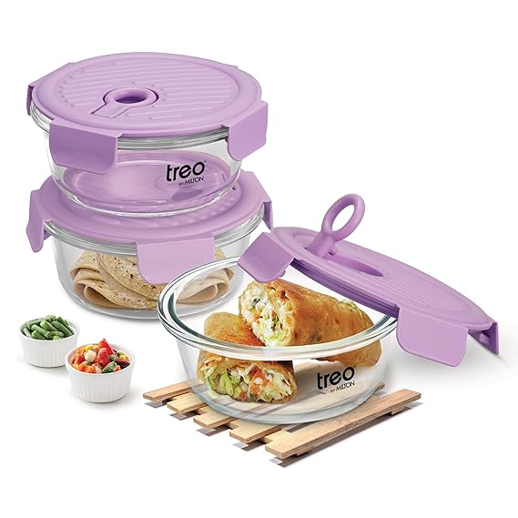 Treo by Milton Lumino Fresh Round Borosilicate Glass Lunch Box Set of 3, Purple Lid, 400 ml Each with Lunch Bag, Microwave & Dishwasher Safe, Leak Proof Containers Office Tiffin Visit the Treo Store