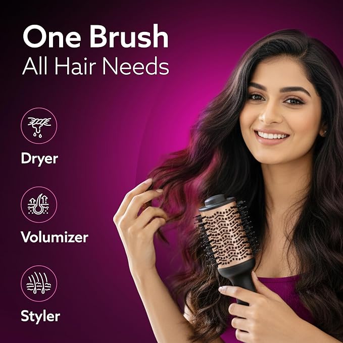 AGARO HV2179 Hot Air Brush for Hair, Blow Dryer Brush, Volumizer & Styler, 360° Airflow Vent, Oval Barrel for Hair Volume, Charcoal Bristles, Ceramic Coating Brushing Head, 1200W, Gold & Black