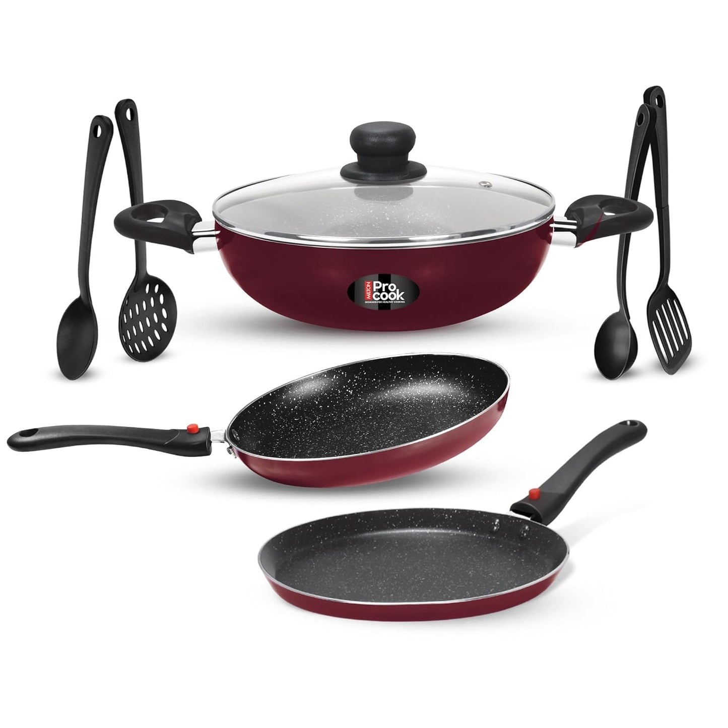Milton Pro Cook Induction Cookware & Gas Stove Friendly Kitchen Jewel Plus Granito 7 Pc Cookware Set | Fry Pan 24cm | 24cm Kadhai with Glass Lid | Tawa 25cm | 2 Nylon Ladle & Spatula (RD)