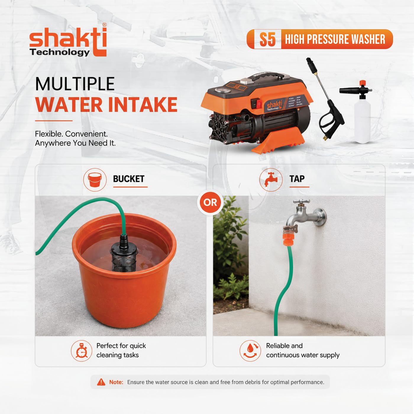[2026 Enhanced Edition] Shakti Technology S5 High Pressure Car Washer Machine 1900 Watts, Pressure 125 Bar, 8L/Min Flow Rate and 10 Meter Hose Pipe with Professional 1L Foam Cannon Snow Lance  (RD)