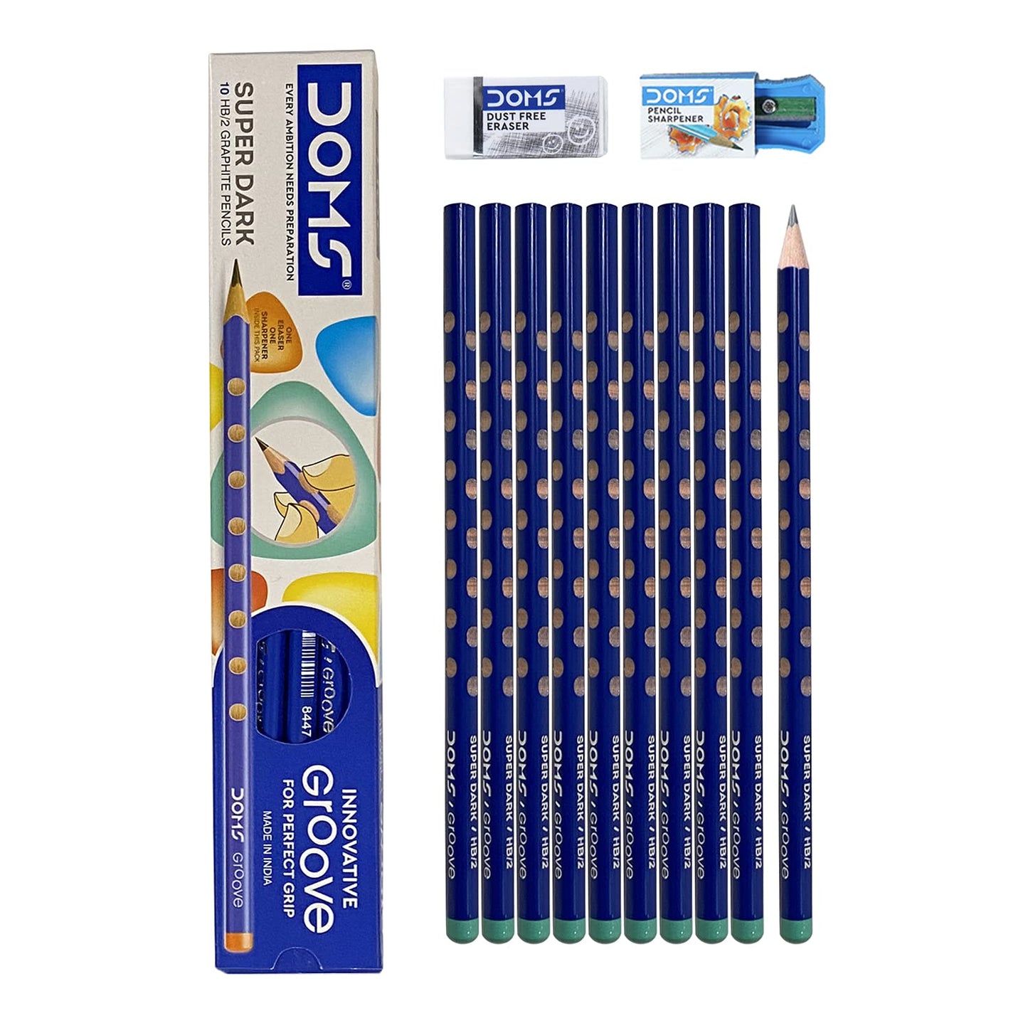 Doms Groove HB/2 Super Dark Graphite Pencil Box Pack | Innovative Groove For Perfect Grip | Free Eraser & Sharpner Inside | Pack of 10 Pencils