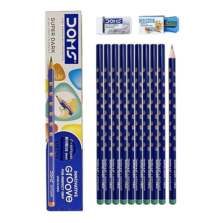 Doms Groove HB/2 Super Dark Graphite Pencil Box Pack | Innovative Groove For Perfect Grip | Free Eraser & Sharpner Inside