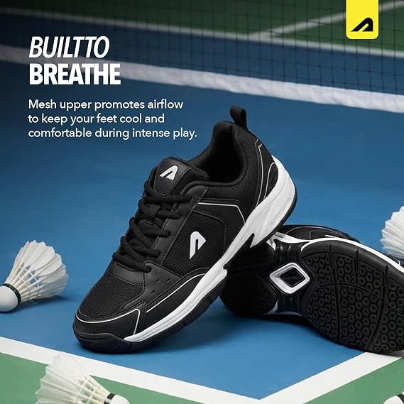 Boldfit Badminton Shoes for Man Lightweight Non Marking Shoes for Badminton Breathable Anti Skid Shoe for Man Shuttle Non Marking Indoor Shoe for Pickleball, Tennis, Padel, Black White (ASL)