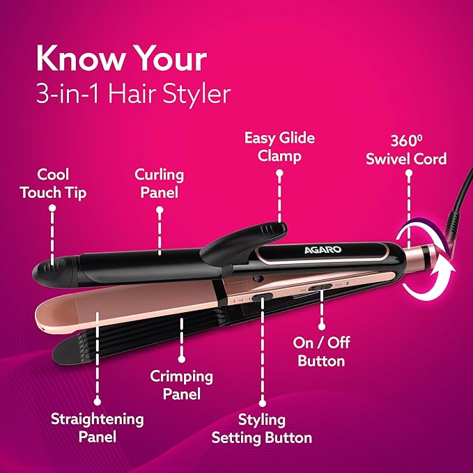 AGARO 3in1 Hair Styler, Straightener, Crimper, Curler For Women HS1119, Keratin Infused Ceramic Coated Plate, Variable Style Settings, Hair styling, Colour Black & Rose Gold