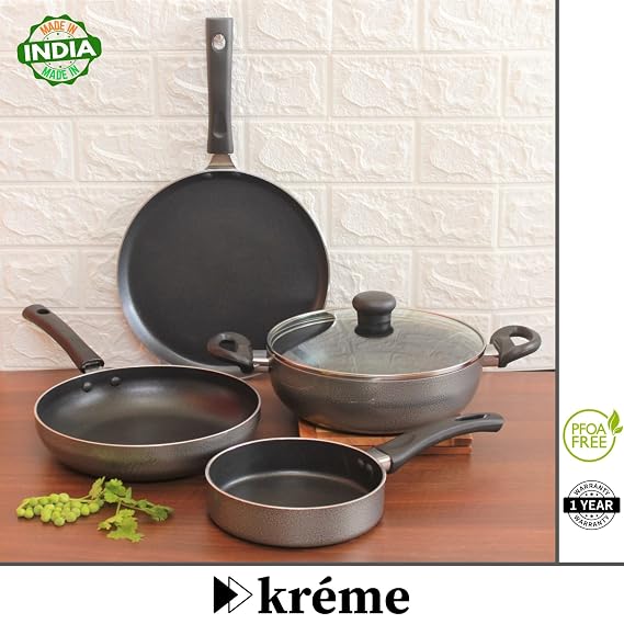 Kreme Non Stick Cookware Set 4pcs | Aluminium Cookware Set Combo | Non Stick Flat Tawa, Fry Pan, Sauce Pan, Kadhai with Lid | Uses Less Oil | Non-Induction Base | Gas Stove Compatible Kitchen Set