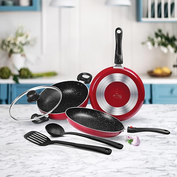 Milton Pro Cook Kitchen Pride Set of 5 Non Stick Cookware | Non Induction I Cooking Pan, Kadhai with Lid, Tawa, Nylon Laddle & Spatula (RD)