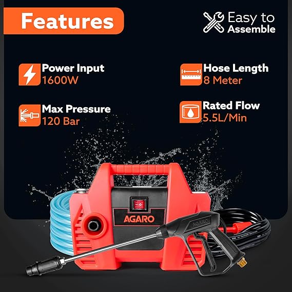 AGARO Regent High Pressure Washer | 1600W Motor | 120 Bar Max Pressure | 5.5 L/Min Flow Rate | Portable Electric Washer for Car, Bike, Walkways & Home Cleaning | 8M Outlet Hose Pipe Included (RD)
