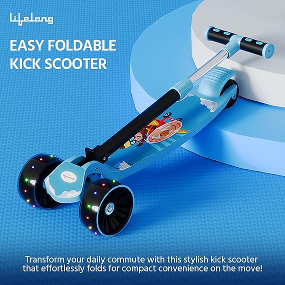 Lifelong Foldable Kids Kick Scooter with LED Wheels & Adjustable Height - Capacity 50kg- for Baby 3+ Year Old boy & Girl - Skate, Blue (ASL)
