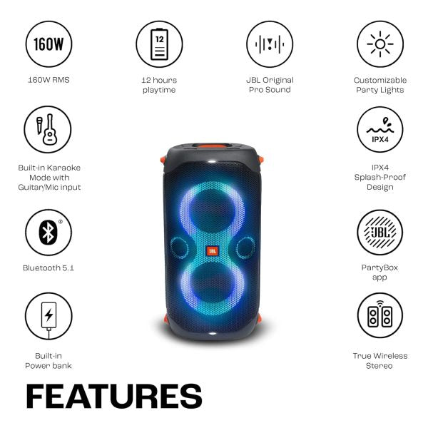JBL Partybox 110 | Wireless Bluetooth Party Speaker| 160W Monstrous Pro Sound| Dynamic Light Show| Upto 12Hrs Playtime | Built-in Powerbank | Guitar & Mic support PartyBox App (Black) (TS)