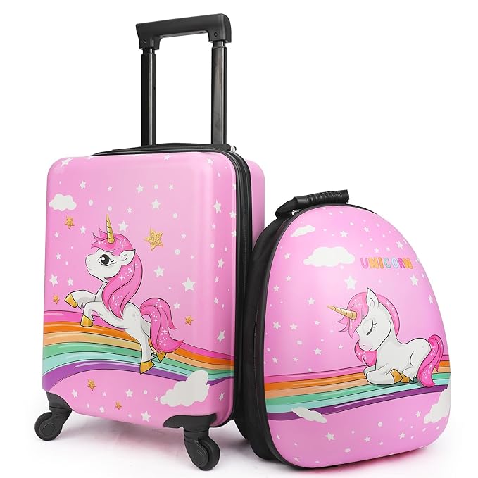 SCOFFCO Kids Luggage Bag Set of 2 (Big & Small) 655 Unicorn Print (WPT) – Hard Shell Travel Suitcase Combo with Wheels for Kids