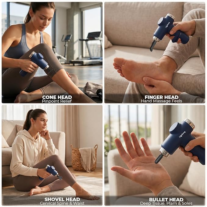 Lifelong Gun Massager for Pain Relief – 8 Massage Heads, 6 Speed Modes, Rechargeable, Quiet 20W Motor, Lightweight & Portable Deep Tissue Massager for Back, Neck, Legs & Travel Use
