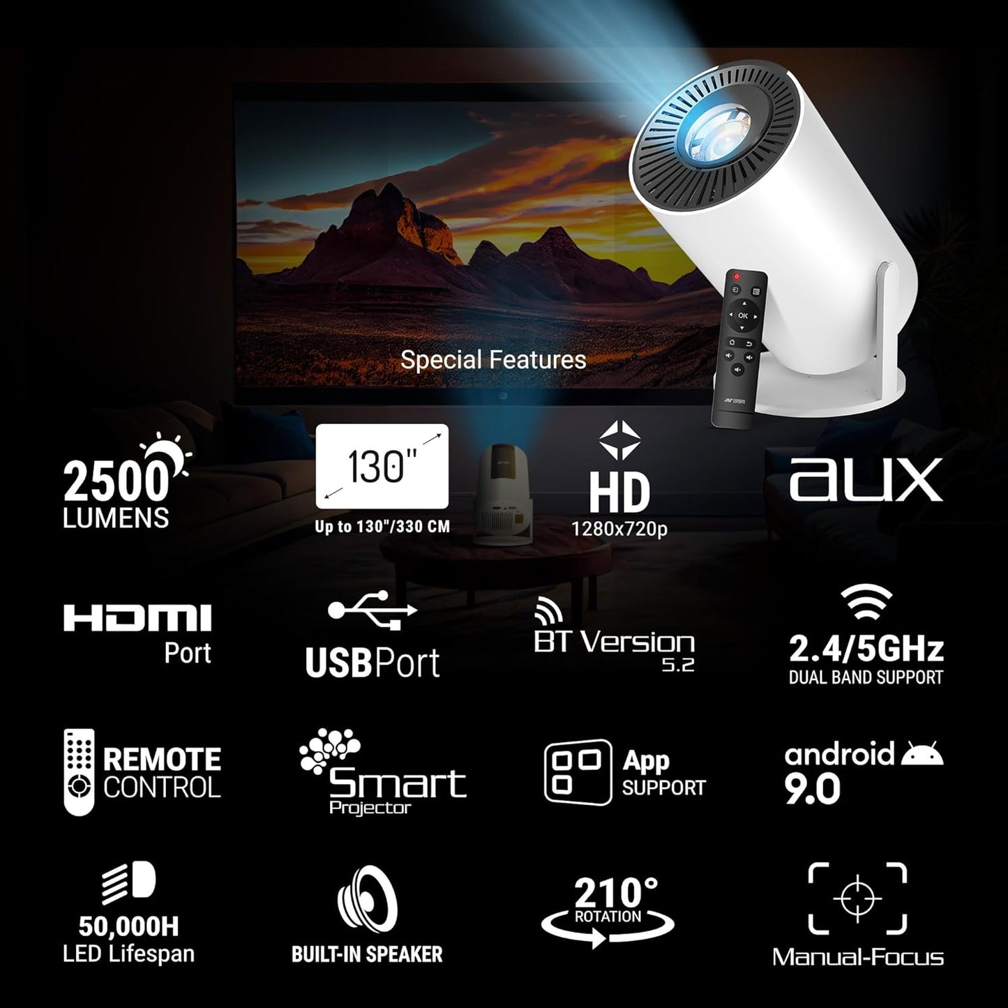 Ant Esports View 521 Smart LED Projector - White | 1080P & 4K Support I 2500 Lumens I WiFi +BT, Android 9 I HDMI/USB I Upto 130"(330cm) Max Screen I Speaker Power 3W I 720P Native Included 120" Screen