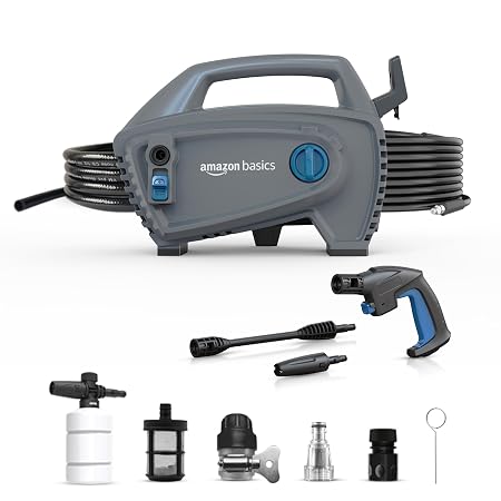 Amazon Basics Pressure Washer 1800W, 105 Bar, 6.5 L/min Flow, 5m Power Cord, 10m Hose, Copper Winding Motor, Auto Stop | Includes 8 Accessories | Ideal for Car, Bike, Home and Outdoor Cleaning (RD)