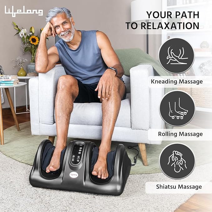 Lifelong Foot Massager Machine For Pain Relief With Kneading Function - Also Used As Leg Calf Massager - Corded Electric Foot Massage Machine For Home With Customizable Settings (LLM360, Grey)