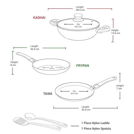 Milton Pro Cook Kitchen Pride Set of 5 Non Stick Cookware | Non Induction I Cooking Pan, Kadhai with Lid, Tawa, Nylon Laddle & Spatula (RD)