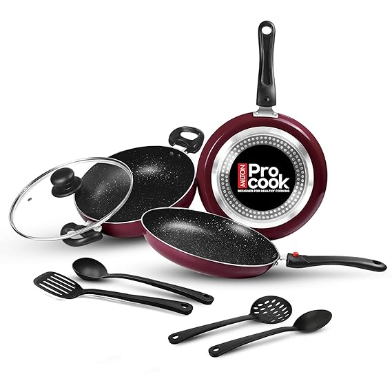 Milton Pro Cook Induction Cookware & Gas Stove Friendly Kitchen Jewel Plus Granito 7 Pc Cookware Set | Fry Pan 24cm | 24cm Kadhai with Glass Lid | Tawa 25cm | 2 Nylon Ladle & Spatula (RD)