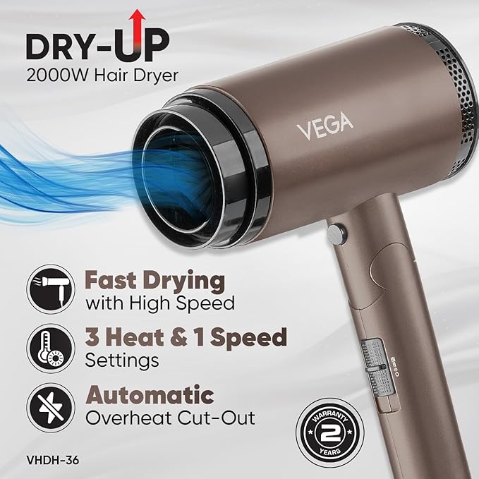 Vega Dry-Up 2000 Watts Hair Dryer For Men & Women with 3 Heat & 1 Speed Setting & Cool Shot Button, Blow Dryer, Foldable Hair Dryer with Over Heat Cut-Out, Blow Dry Effortless Hair Style, (VHDH-36)