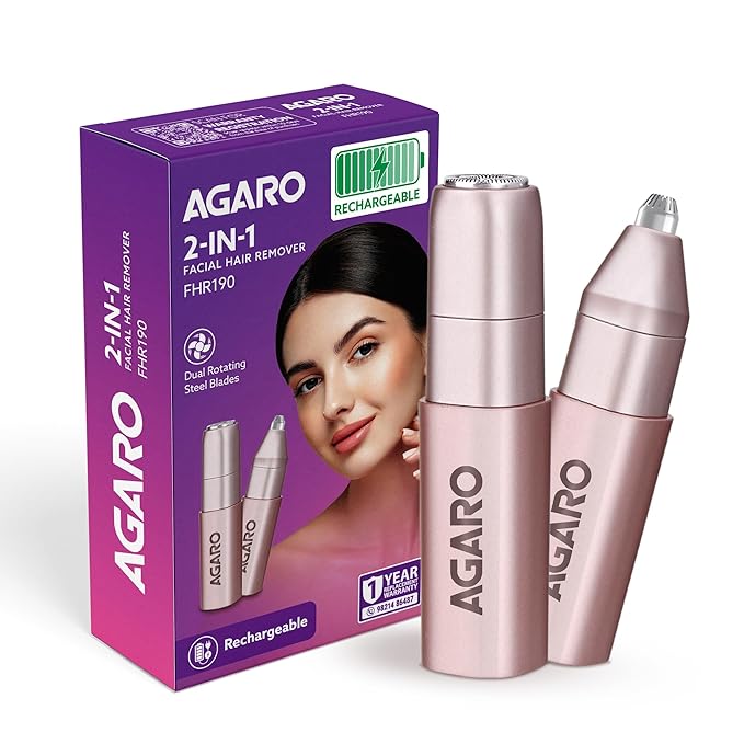 AGARO Facial Hair Remover |Eyebrow Trimmer FHR190 Rose Gold For Women, Rechargeable, Cordless, Safe & Painless Electric Shaver, Hypoallergenic Blade, Multipurpose Use For Upper Lip, Chin