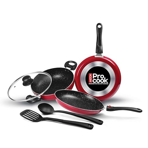 Milton Pro Cook Kitchen Pride Set of 5 Non Stick Cookware | Non Induction I Cooking Pan, Kadhai with Lid, Tawa, Nylon Laddle & Spatula (RD)