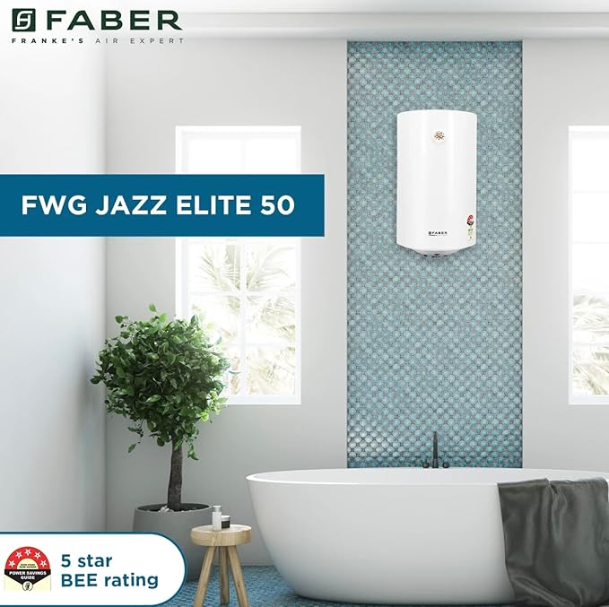 Faber Jazz Elite 50L Vertical Storage Water Geyser | Heating Indicator, 8 Bar Pressure, Titanium Glassline Coated Tank, Temperature Control, MFV Safety Valve, Thermal Cut-Off | 2000W, 4 Star | (White)