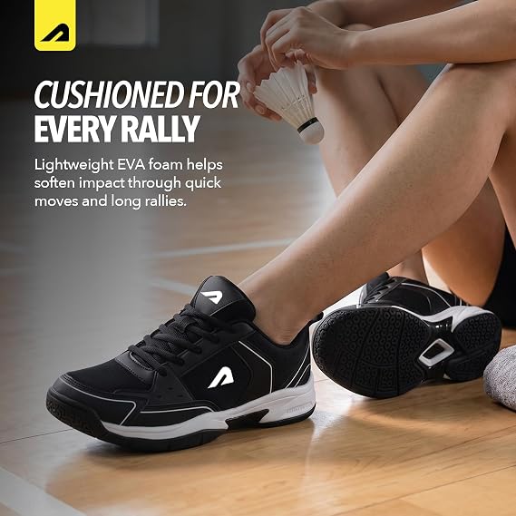 Boldfit Badminton Shoes for Man Lightweight Non Marking Shoes for Badminton Breathable Anti Skid Shoe for Man Shuttle Non Marking Indoor Shoe for Pickleball, Tennis, Padel, Black White (ASL)
