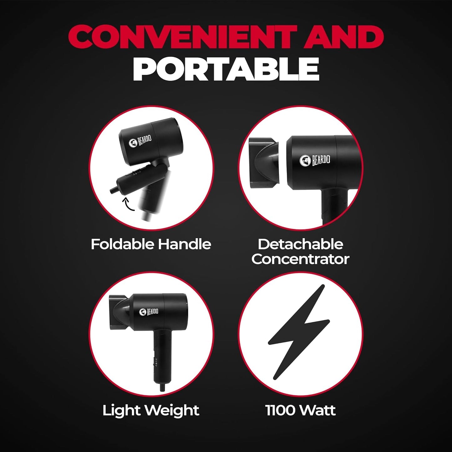 BEARDO Styling Gun Ultra Compact Hair Dryer | 1100 Watts Foldable Hair Dryer | 3 Heat 2 Speed Setting | Travel Friendly | Stylish Matte Black Finish | Gift For Friends | Gift for Husband
