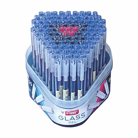 FLAIR Glass Gel Pen | Tip Size 0.6 mm | Elegant Looks | Soft Rubber Grip | WaterProof Ink | Smudge Free Writing | Ideal for School, College & Office | Blue, Black & Red Ink, Tumbler Set Of 100 Pens