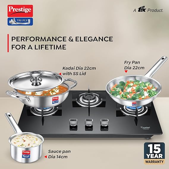 Prestige TRIPLY 4 Pc Cookware Set | TRIPLY Splendid | Fry Pan 22cm/1.9L | Kadai 22cm/2.5L | Sauce Pan 14cm/1.3L | SS Lid 24cm | Gas & Induction Compatible | Even Heat Distribution | 15Y Warranty | ISI