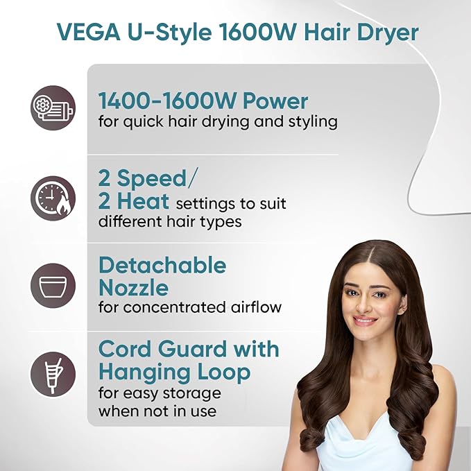 Vega U Style 1400-1600W Foldable Hair Dryer for Women & Men with Cool Shot Button, 2 Speed/Heat Settings, Detachable Nozzle, Blow Dryer, Travel Friendly, Fast Hair Drying, Compact Hair Dryer
