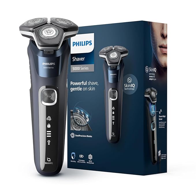 PHILIPS Electric Shaver For Men | Wet & Dry | Powerful Close Shave | Gentle on Skin | SkinIQ Technology | Steel Precision Blades | 360 D Flexing Heads | Integrated Pop Up Trimmer | LED Display | 5 Mins Quick Charge | Showerproof | S5885/28,Black