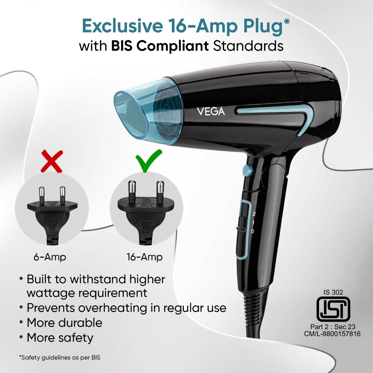 Vega U Style 1400-1600W Foldable Hair Dryer for Women & Men with Cool Shot Button, 2 Speed/Heat Settings, Detachable Nozzle, Blow Dryer, Travel Friendly, Fast Hair Drying, Compact Hair Dryer