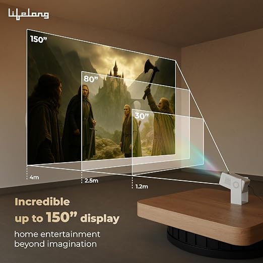 Lifelong Electronics Lightbeam Smart LED Projector | Remote App, Android 14, 1080P & 4K Ultra HD Support, 4000 Lumens | All OTT Apps (Netflix, Prime, Jio etc) | WiFi/BT, HDMI, Screen Cast, 150” Screen (TS)