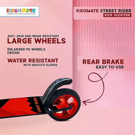 Kidsmate Street Rider Kick Scooter for Kids of Age 6-13 Years | 2 Wheel Scooter, Foldable Design, 3 Adjustable Height Option with Rear Braking | Max User Weight 50kg  (ASL)