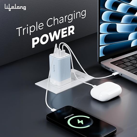 Lifelong Electronics 65W Super Fast GaN Charger PD Technology | 1 USB A + 2 Type C Ports | iPhone 17/16/15/14 (Including Pro Max), Android, Samsung | Laptops - MacBook, Dell, HP, Lenovo, Acer, ASUS (SD)
