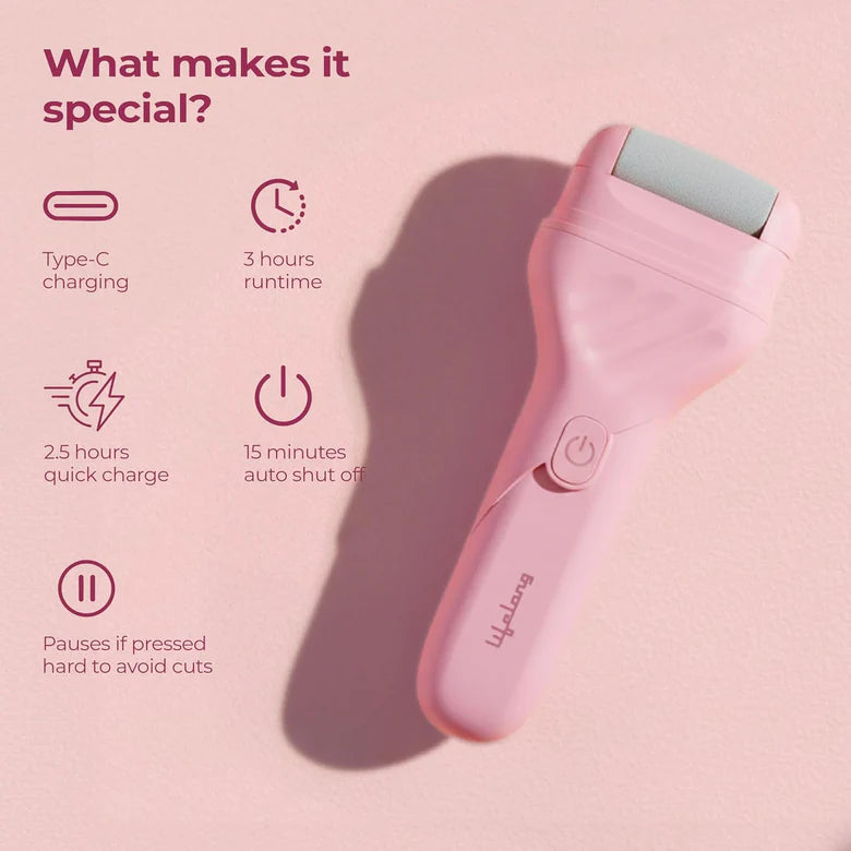 Lifelong PediGlide Luxe Electric Callus Remover for Feet | Rechargeable Foot Scrubber with 3 Roller Heads, 2 Speeds, Type-C Charging & Focus Light