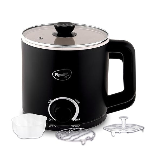 Pigeon by Stovekraft Swift Multi-Cook Kettle 1.5L, Egg Rack - Black | Double Layered | Food Grade Stainless Steel Inner wall | Glass Lid | Auto Shut