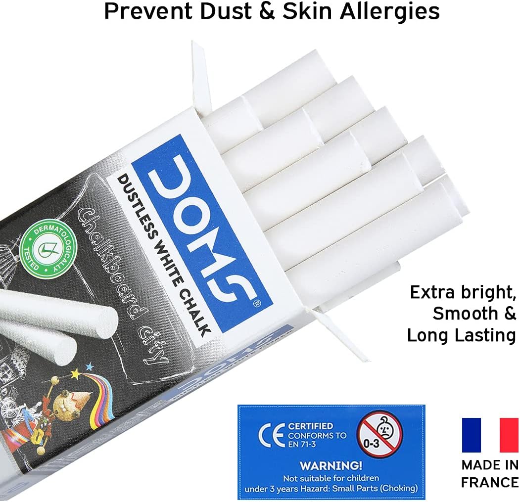 DOMS Non-Toxic Dustless White Chalk ( Pack of 10 pieces)