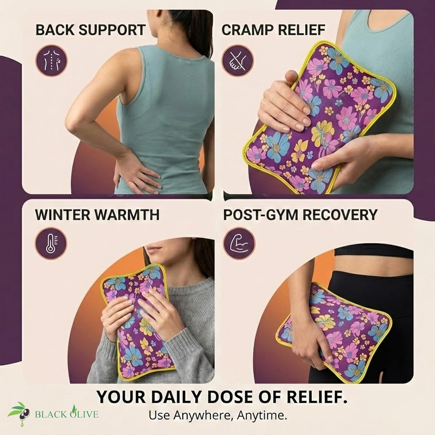 Hot Water Bag BLACK OLIVE® Heating Gel Bag For Pain Relief Electric Hot Pack Heat Pad Electric Heating Pad For Menstrual, Period Cramps, Back & Muscle Pain Men & Women With Charging Cord