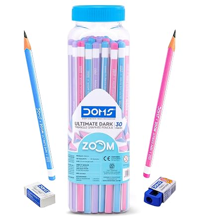 Doms Zoom Ultimate Dark Triangle Pencil | Jar Pack, 30 Pieces | Contains Pencils, Sharpener, Eraser & Scale, Multicoloured