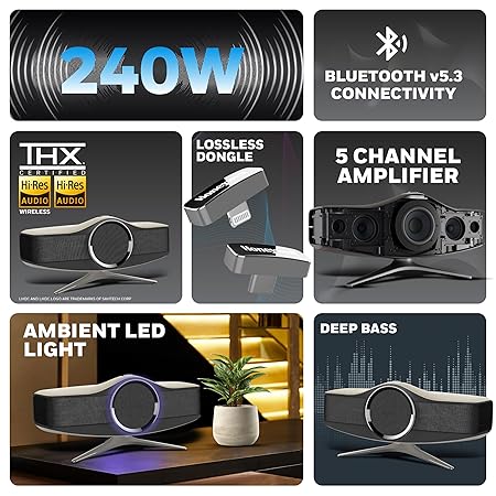 Honeywell New Launched Aviator Hi-Fi Speaker, 240W, 1MBPS+ Audio codec, TypeC & Lightning Dongle, Ambient Light, Deep Bass, Bluetooth V5.3-30m, 5 Amplification Channel, 3 Independent Sound Cavities (SD)